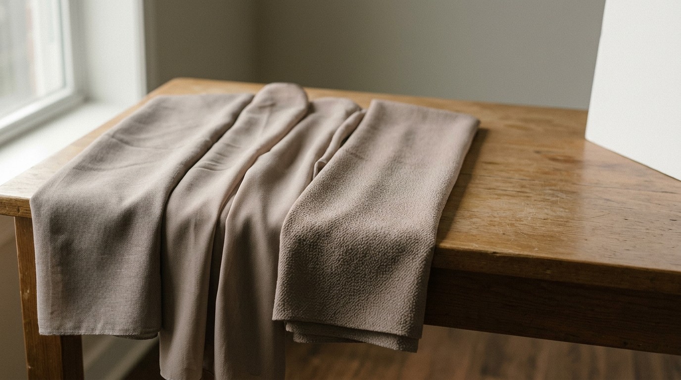 Tiga jenis kain hijab dibentangkan berdampingan di meja kayu.