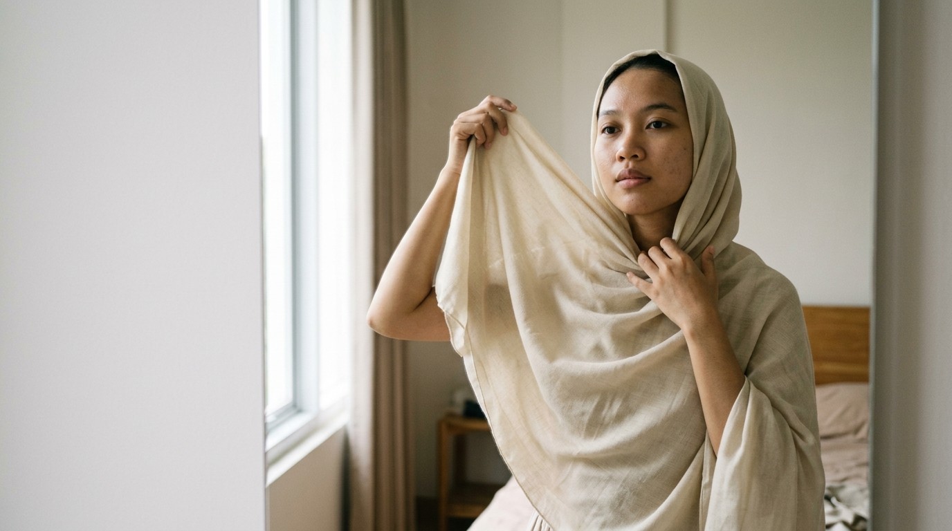 Perempuan muda membentuk pashmina di depan cermin pada pagi hari.