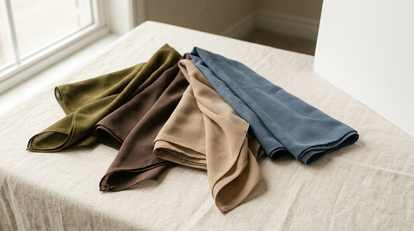 Tumpukan hijab warna netral olive, mocha, dan biru kabut di atas meja terang.