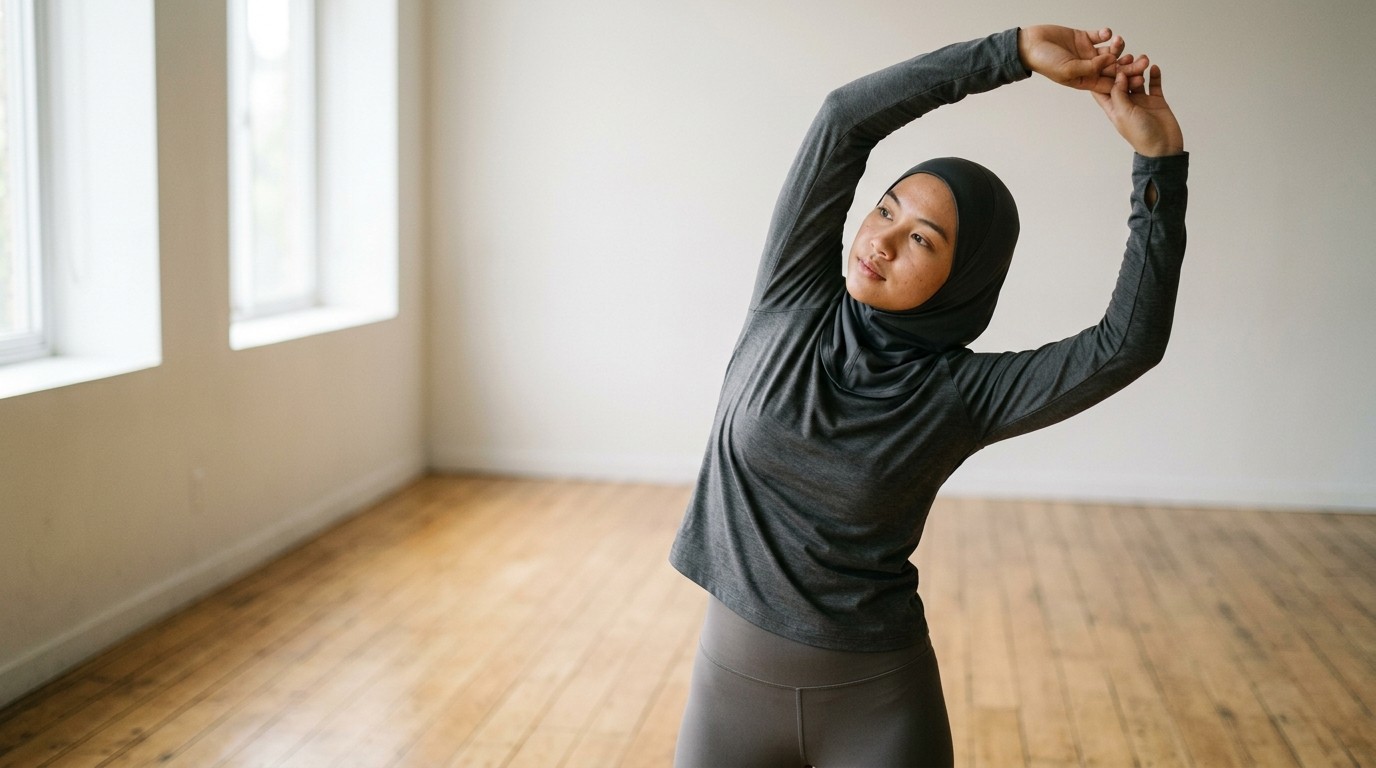 Perempuan muda memakai sport hijab saat pemanasan di ruangan terang.