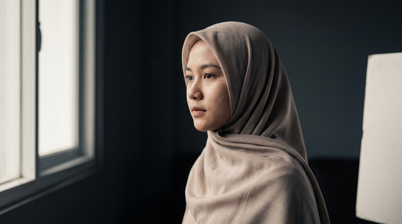 Still gelap dari klip hero, model memakai voal netral, cahaya jendela tunggal, bayangan dalam. Dipakai sebagai poster video.
