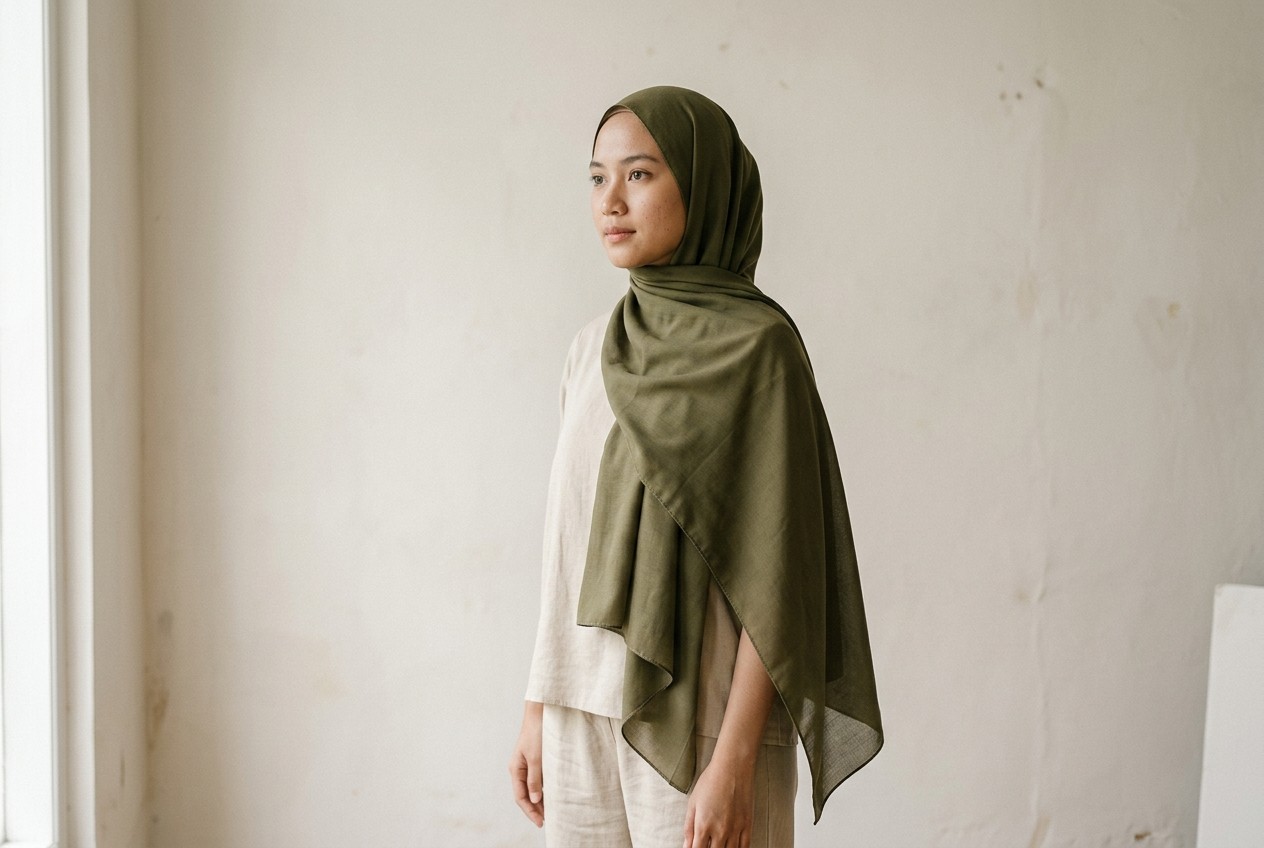 Editorial lookbook, model memakai pashmina zaitun di ruangan terang dengan dinding plester, cahaya jendela dari kiri.