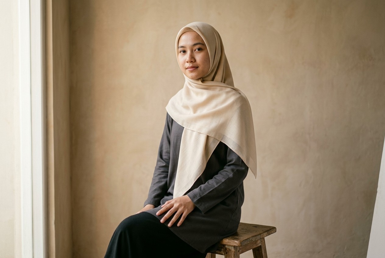 Editorial lookbook kedua, model memakai segi empat krem susu duduk di kursi kayu polos, cahaya sore lembut dari jendela kiri, dinding plester hangat.