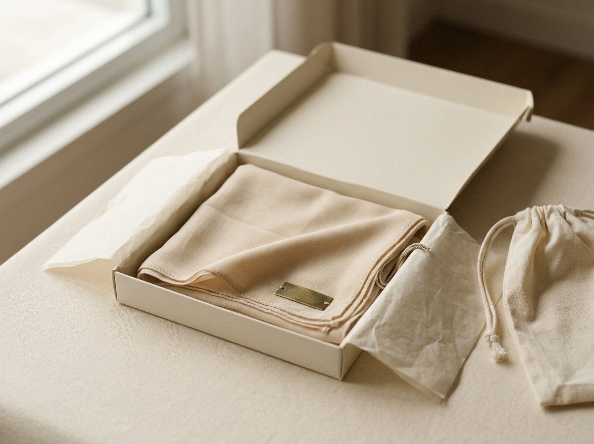 Kotak karton ivory doff 20x20x3 cm terbuka di atas permukaan putih hangat, hijab terlipat di dalamnya beralas tissue paper, hangtag bertali menghadap menjauh, pouch kain krem di sampingnya.