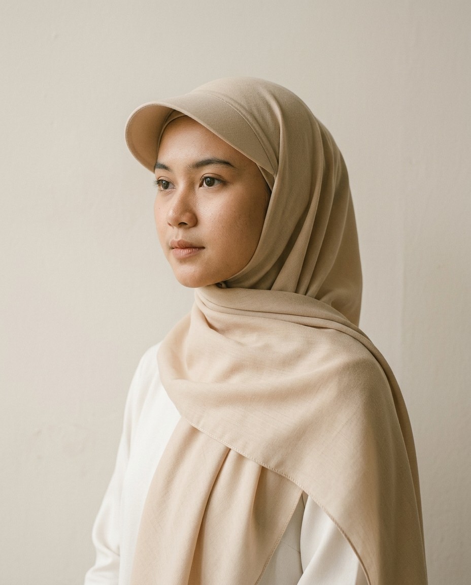 Bergo Kerja Instan Voal warna Krem Susu dipakai model.