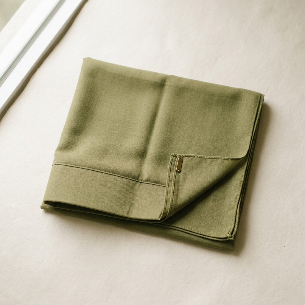 Bergo Kerja Instan Voal warna Zaitun dilipat rapi.