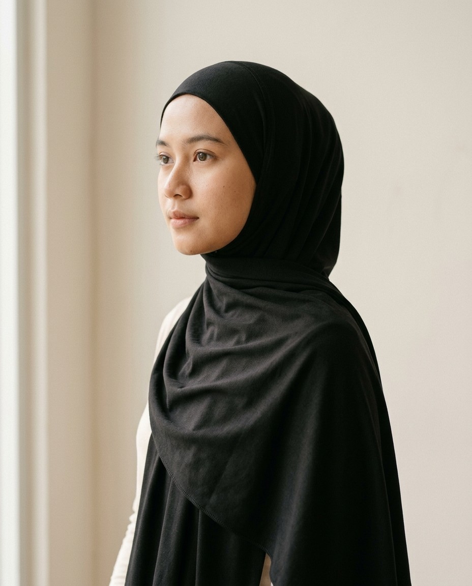 Bergo Rapi Jersey warna Hitam Pekat dipakai model.