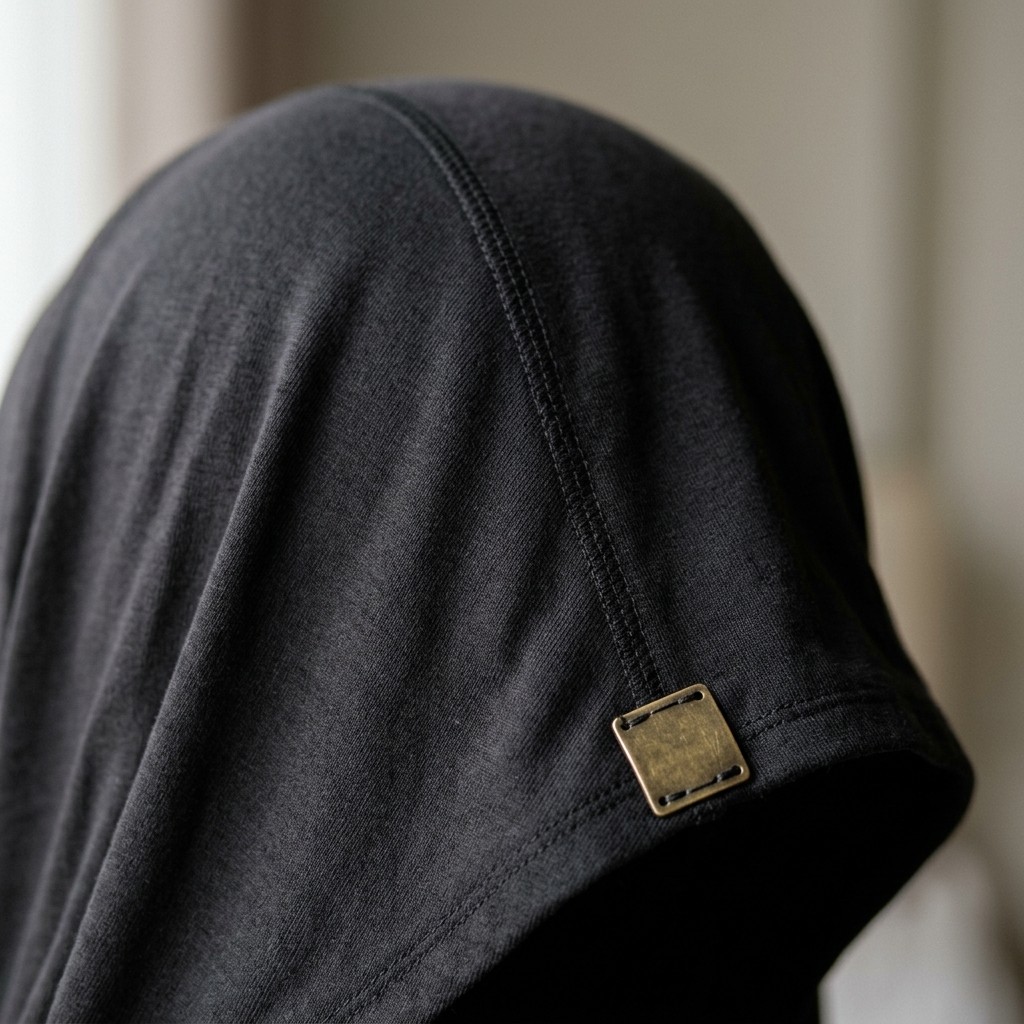 Detail rajutan jersey dan jahitan bergo.