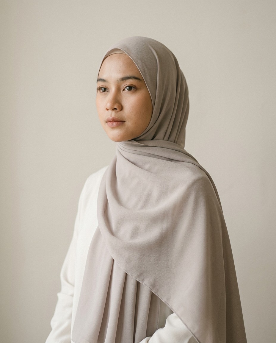 Pashmina Alun Ceruty warna Kabut dipakai model.