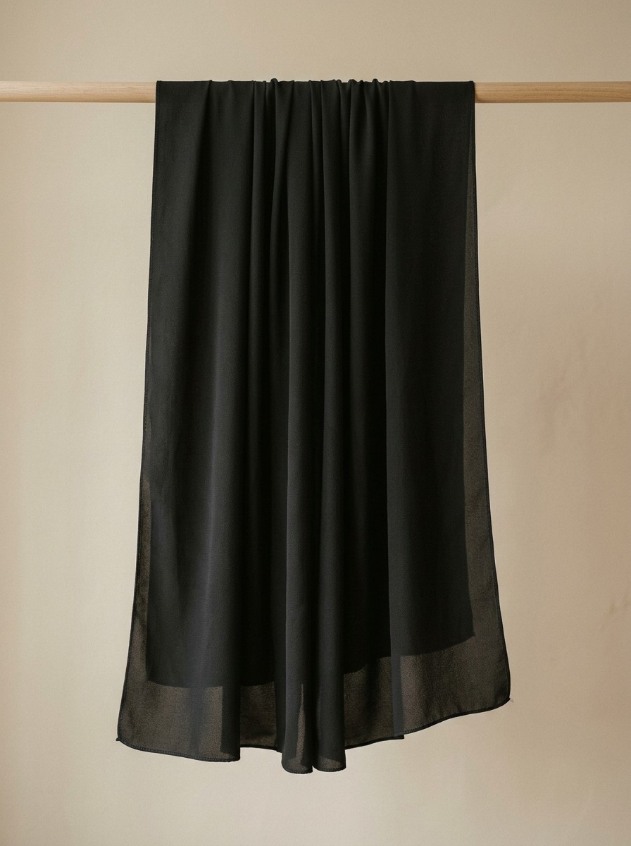 Pashmina Alun Ceruty warna Hitam Pekat tergantung.
