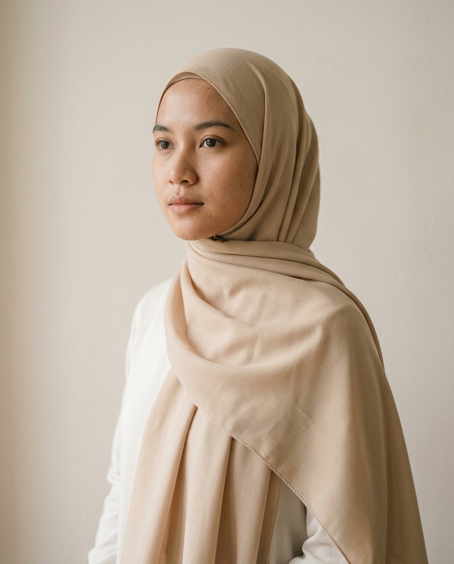 Pashmina Alun Voal warna Krem Susu dipakai model.