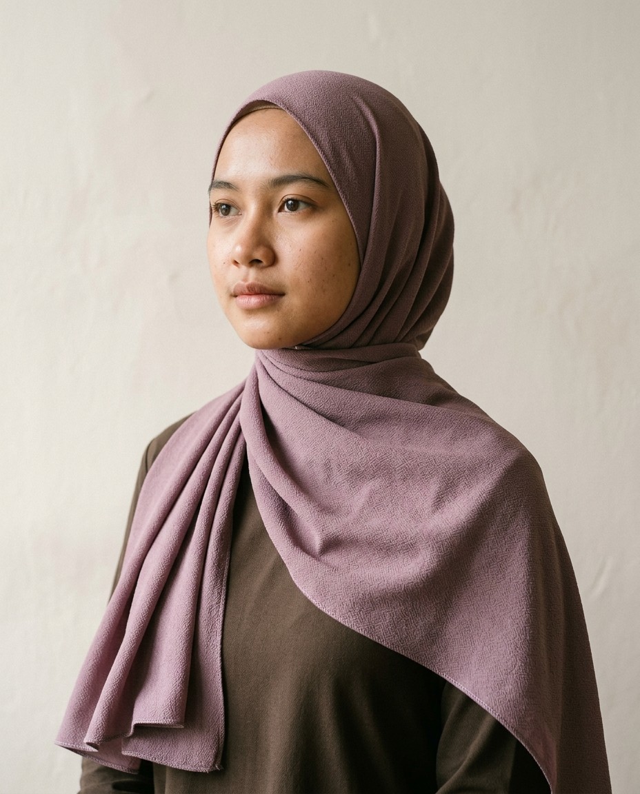 Pashmina Bilah Diamond warna Taro dipakai model.