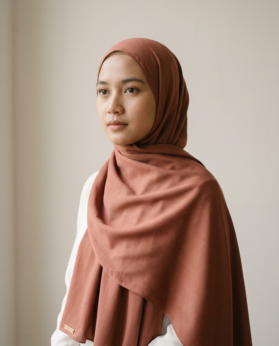 Pashmina Sanding Viscose warna Terakota dipakai model.