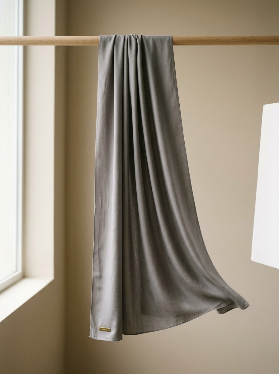 Pashmina Sanding Viscose warna Abu Kabut tergantung.