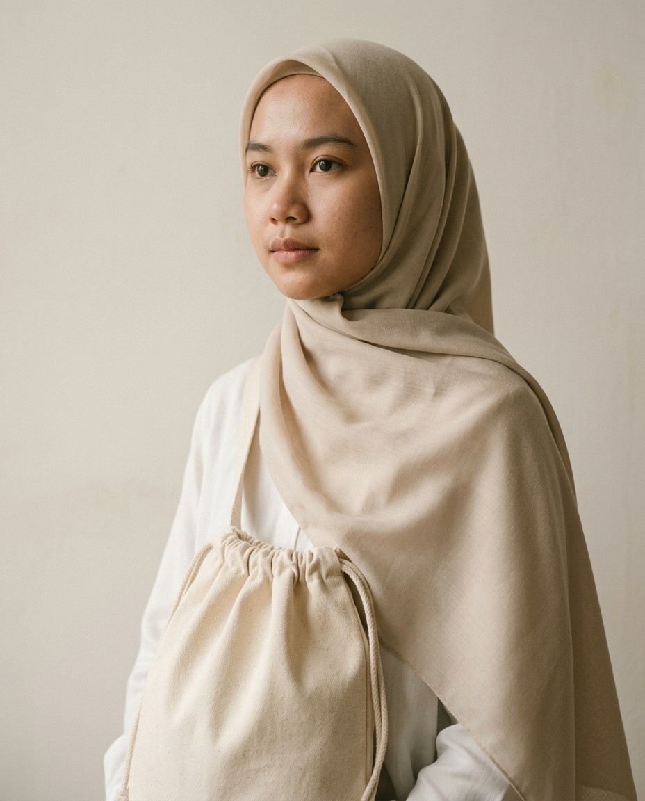 Pouch Simpul Kanvas warna Krem berisi hijab terlipat.