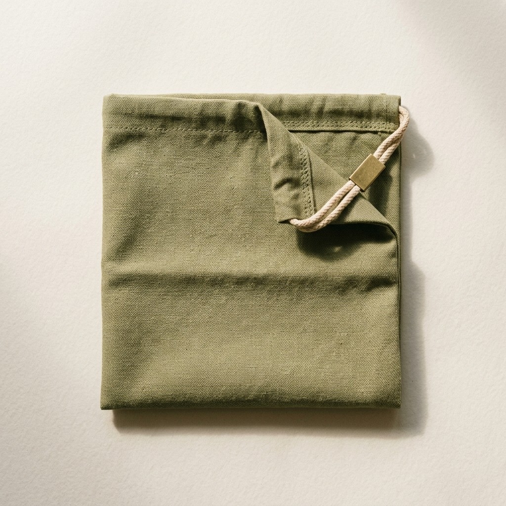 Pouch Simpul Kanvas warna Zaitun tertutup tali serut.