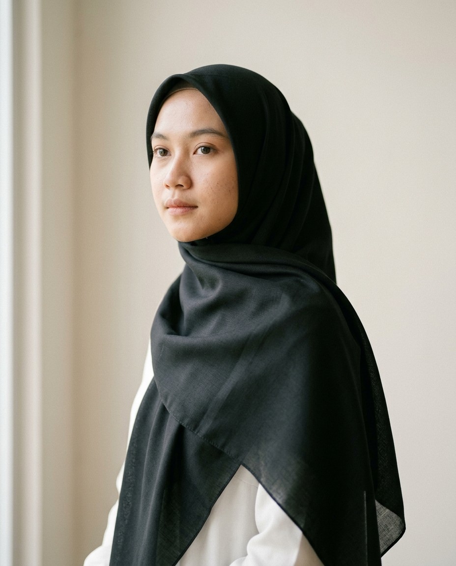 Segi Empat Kanvas Polycotton warna Hitam Pekat dipakai model.