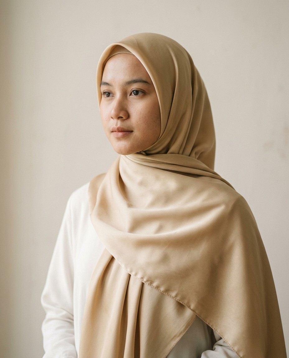 Segi Empat Satin Lembayung warna Champagne dipakai model.