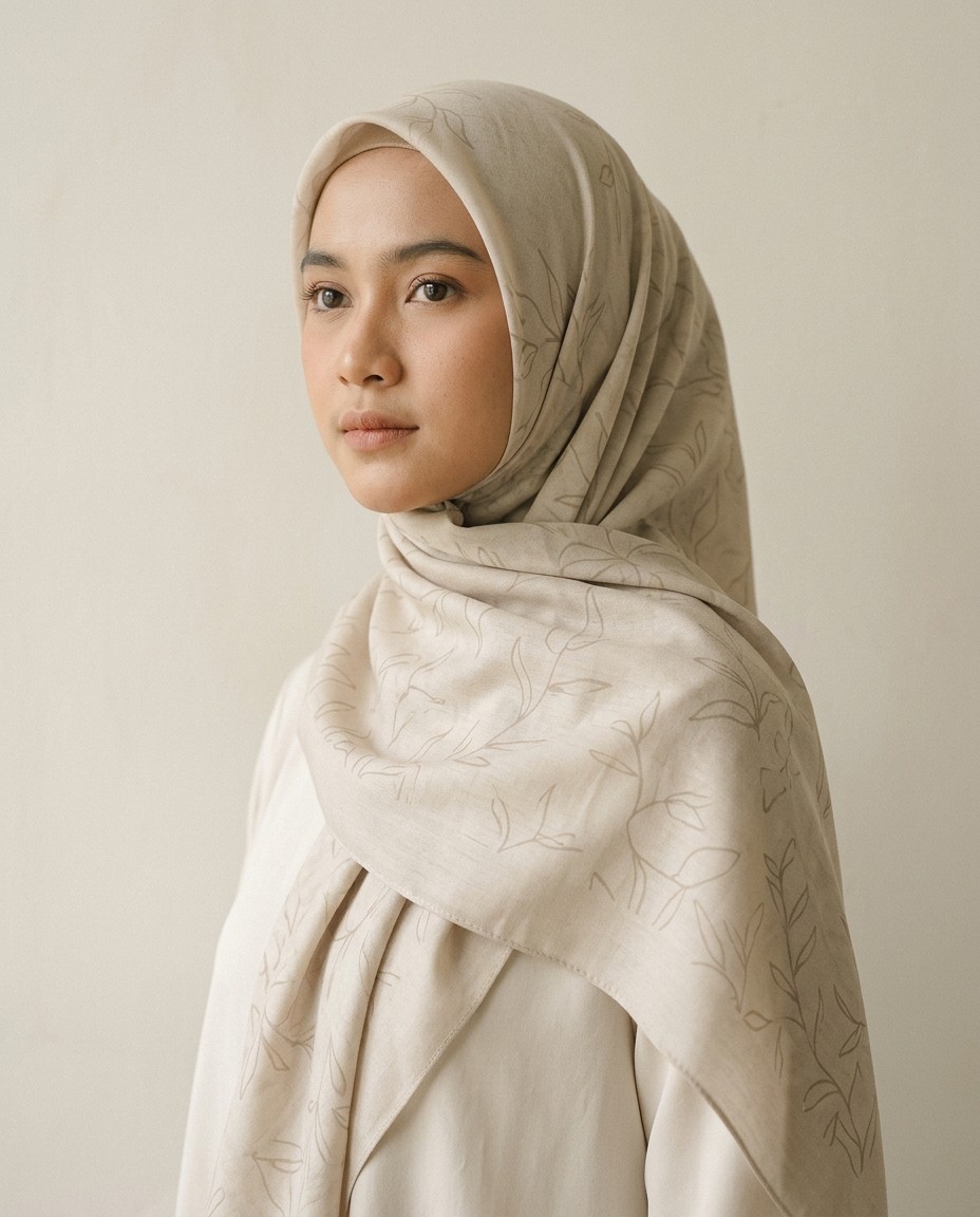 Segi Empat Sulur Voal motif Sulur Pagi dipakai model.