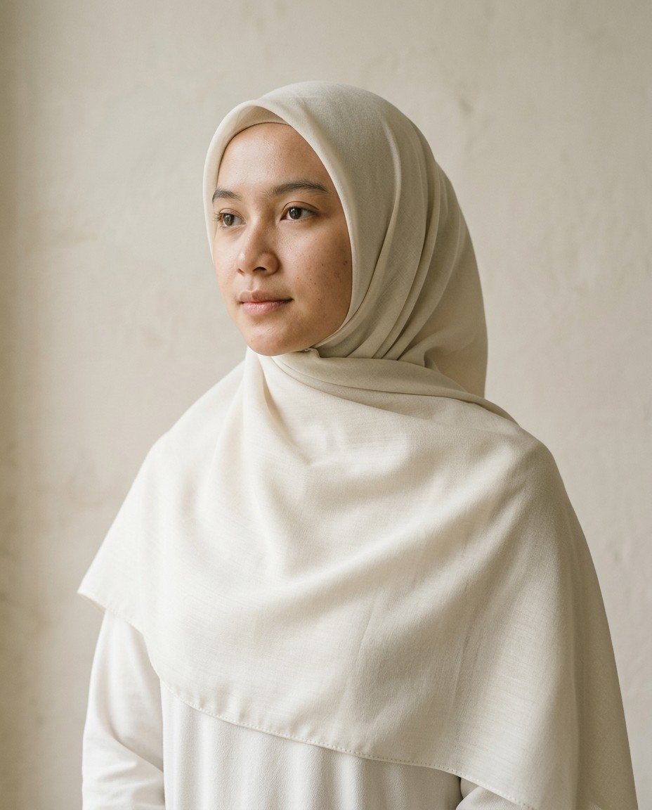 Segi Empat Titik Voal warna Putih Tulang dipakai model.