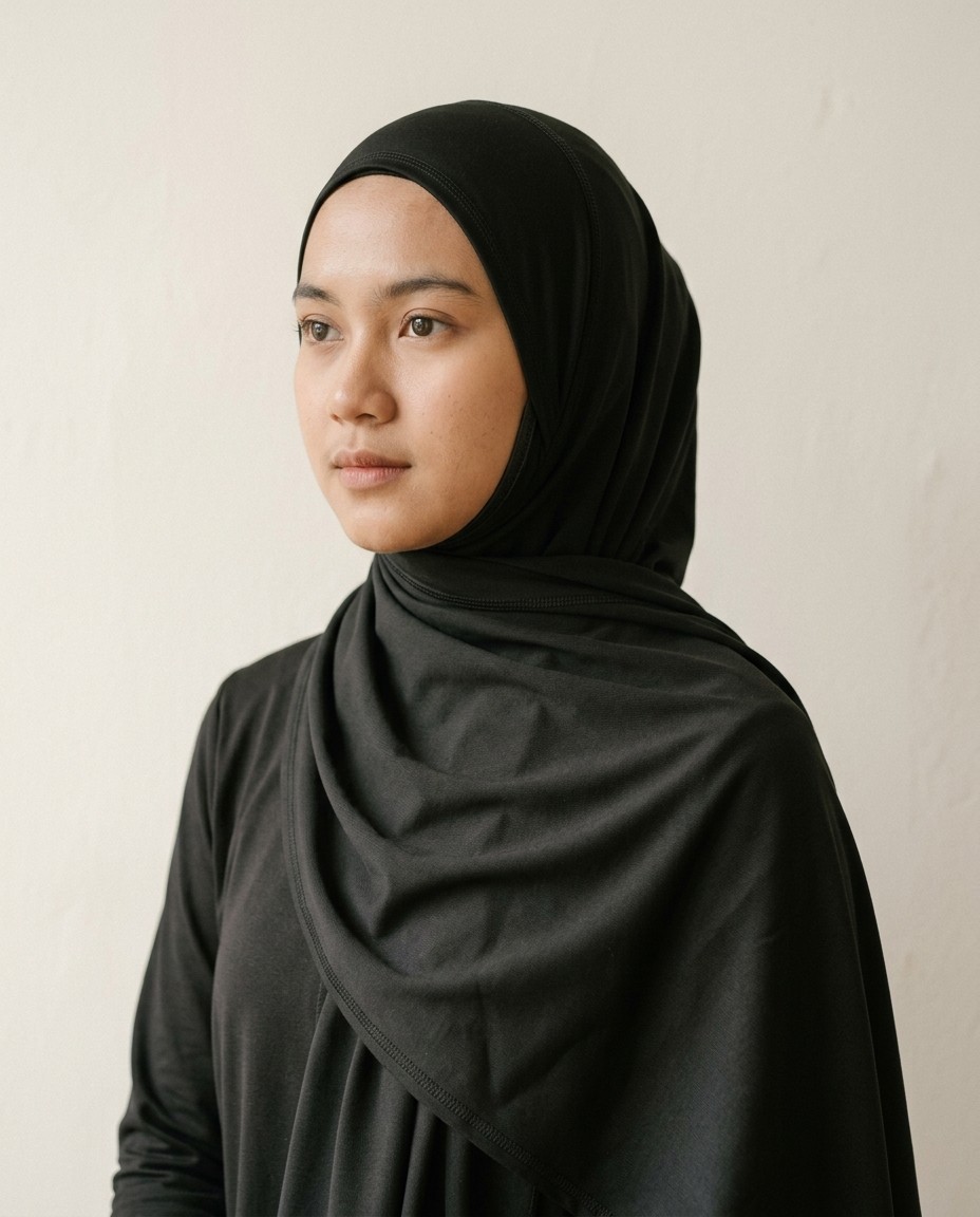 Sport Hijab Laju warna Hitam Pekat dipakai model.